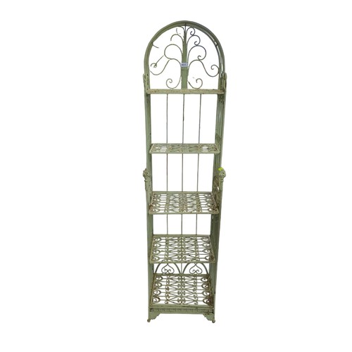 809 - Metal five shelf flower rack, painted green W44.5 x D34 x H180cm