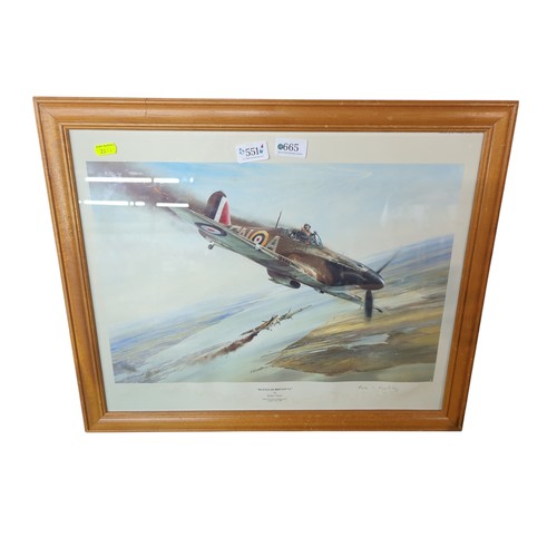 551 - Framed print of a Hurricane on fire during the Battle of Britain VC, signed, 57 x 47cm, with water d... 