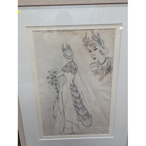 563 - Original 1940's/50's fashion wedding dress drawing in pen and watercolour by Margaret Speller (1926 ... 