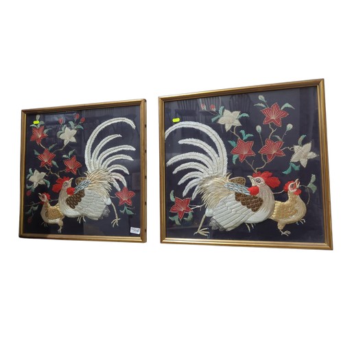 564 - Pair of framed Asian silk and gold thread embroideries 55.5 x 54cm