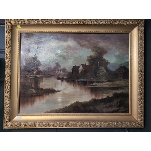 572 - Oil on board of a moonlit landscape in gilt frame, unsigned, 118 x 92cm