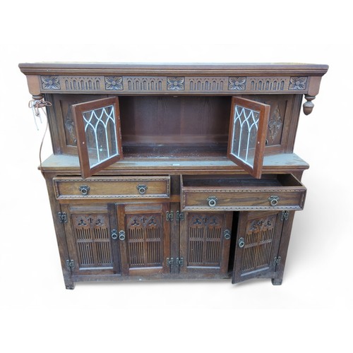 473 - Old Charm courtroom cabinet with 3 cupboards and 2 drawers and potential to wire a plug to illuminat... 