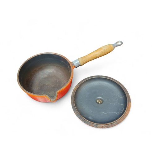 656 - Le Creuset style orange enamel milk pan and cover