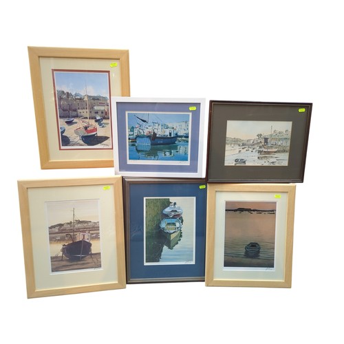 590 - Five framed boat prints signed C.Perry together with one other view of Salcombe, largest 47 x 38cm