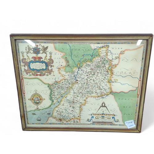 594 - 'Saxton's Map of Gloucestershire, 1577', framed 54 x 44cm