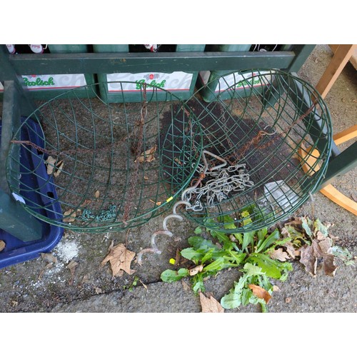 496 - 3x metal hanging baskets, together with chain and ground spike