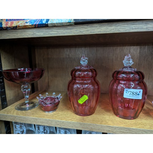 788 - Seven pieces of cranberry glass