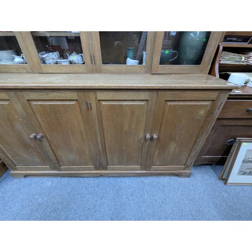 793 - Large oak and oak veneered displat cabinet with two pairs of glazed doors above two pairs of cupboar... 