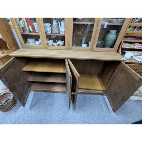 793 - Large oak and oak veneered displat cabinet with two pairs of glazed doors above two pairs of cupboar... 