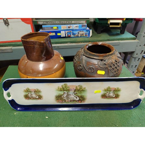 114 - 1 x Doulton jug + studio vase + illustrated narrow tea tray. 