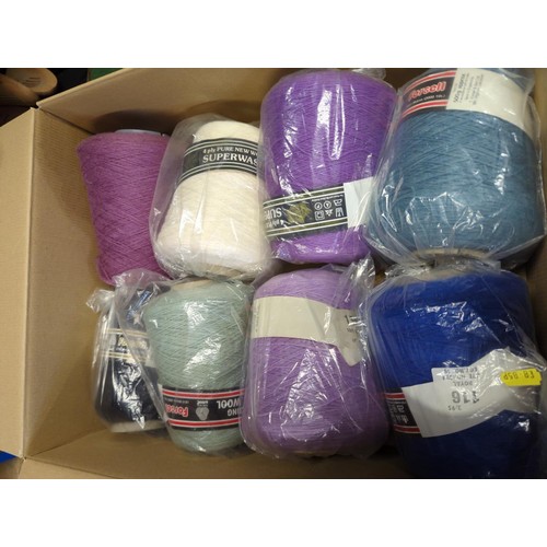 145 - 2 boxes and 2 bags of variously-sized wool and yarn.