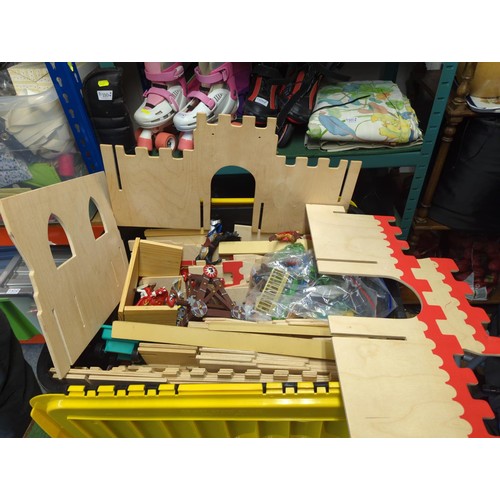 146 - Wooden flat-packed toy castle + figures.