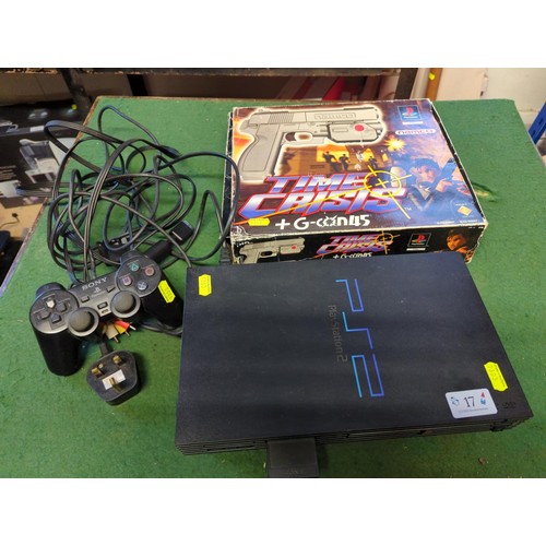 17 - Playstation 2 with remote, cables, memory card and 1 controller + Time Crisis game in box with gun.&... 