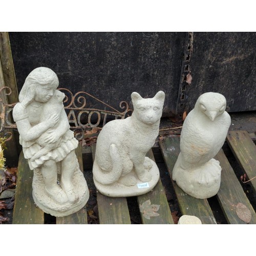 302 - 3x concrete garden ornaments: Cat, Bird & girl with cat. Tallest H47cm