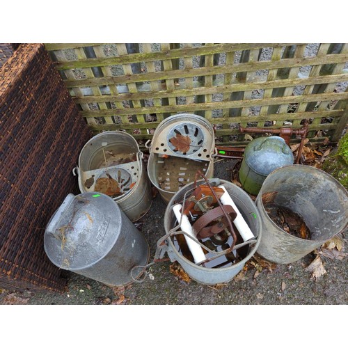 337 - Selection of galvanised items inc feeders and mop buckets, large g-clamp and vintage shop bell.