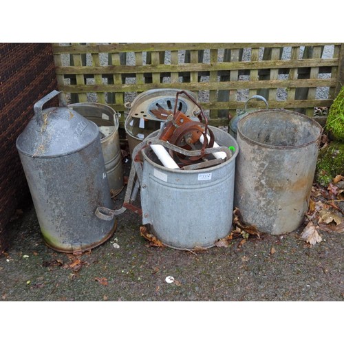 337 - Selection of galvanised items inc feeders and mop buckets, large g-clamp and vintage shop bell.