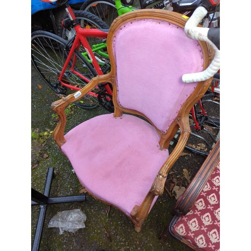 443 - Pink upholstered French style armchair + 2 upholstered dinning chairs in green.