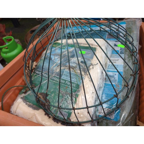 504 - 2 x plastic planters with contents inc tarps, frost fleece, cable ties, waste bags, trimmer cable et... 