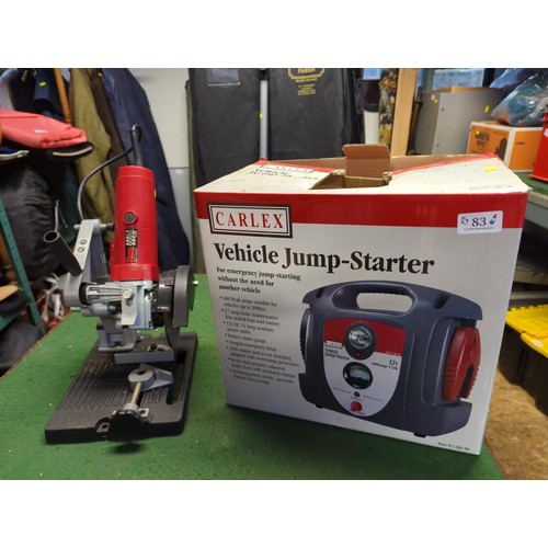 83 - Power Devil angle grinder on stand + Carlex vehicle jump start pack. 