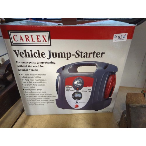 83 - Power Devil angle grinder on stand + Carlex vehicle jump start pack. 