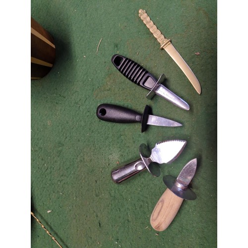 84 - 2 x tea caddies, ceramic jug and basket of oyster shuckers. 