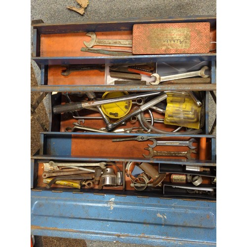 92 - Blue concertina toolbox with part contents inc spanners, breaker bar etc.