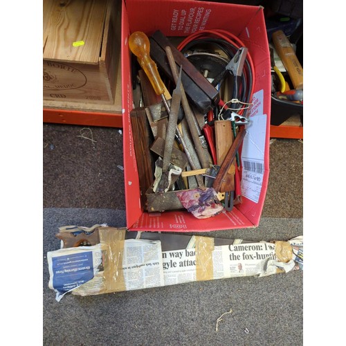 97 - Box of tools inc. files, set squares, saws, chisels etc.