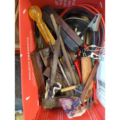 97 - Box of tools inc. files, set squares, saws, chisels etc.