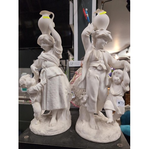 818 - Pair of C19th Parian water carriers with children, height 47cm