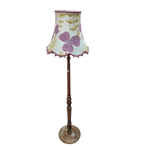 823 - Oak standard lamp with floral shade, height of lamp to light fitting, 160cm