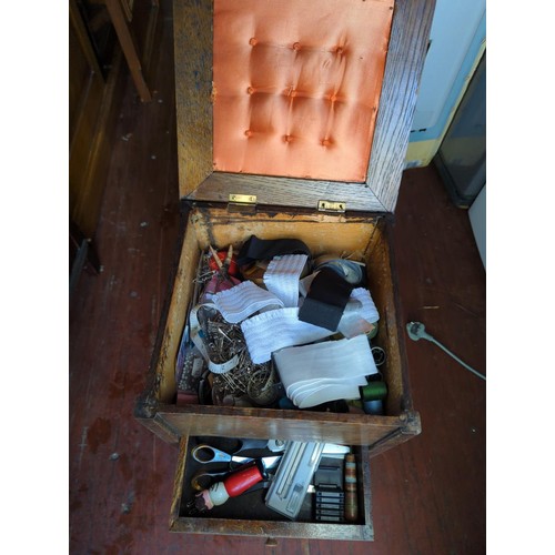 271 - Oak lift top work box, with haberdashery contents. W31cm d30cm h57cm