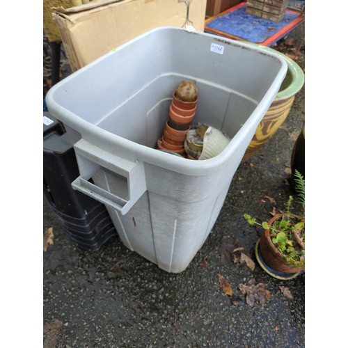 378 - Plastic bin with mostly smaller outdoor plant pot contents