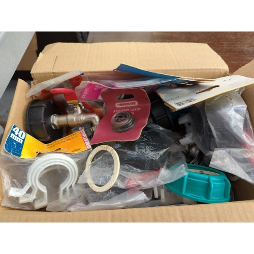 399 - 2 boxes with contents, inc. taps/plumbing equipment & box of door furniture, lever locks, chain ... 