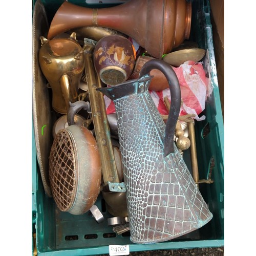 402 - Box of mixed metalware, copper, brass, stainless catering items etc.