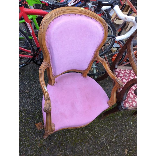 443 - Pink upholstered French style armchair + 2 upholstered dinning chairs in green.