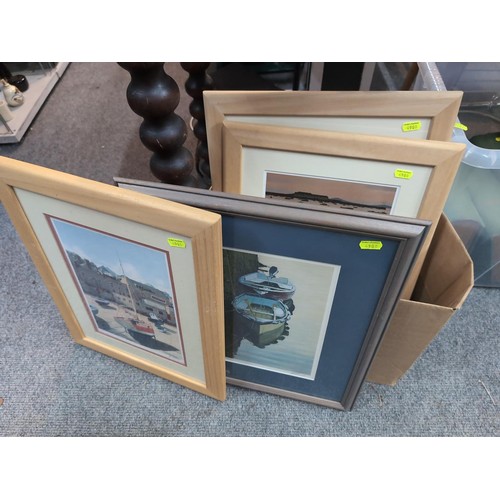 590 - Five framed boat prints signed C.Perry together with one other view of Salcombe, largest 47 x 38cm