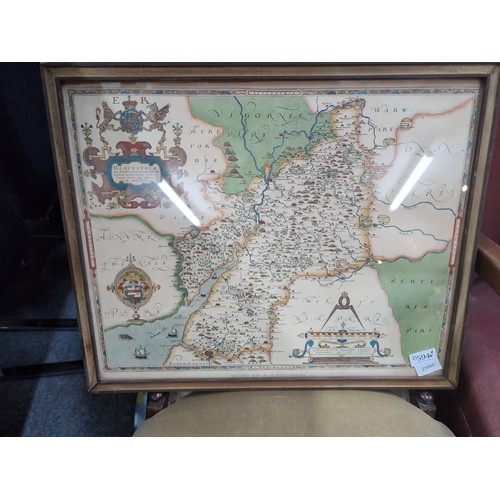 594 - 'Saxton's Map of Gloucestershire, 1577', framed 54 x 44cm