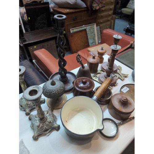 755 - Candlesticks and other assorted treen and metal ware