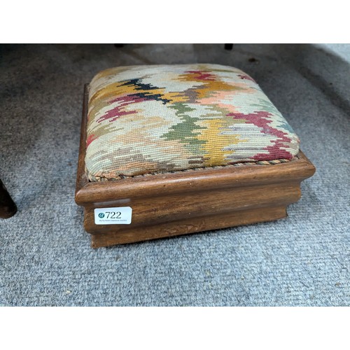 845 - Small tapestry topped footstool with small castors, W26cm D26cm H16cm