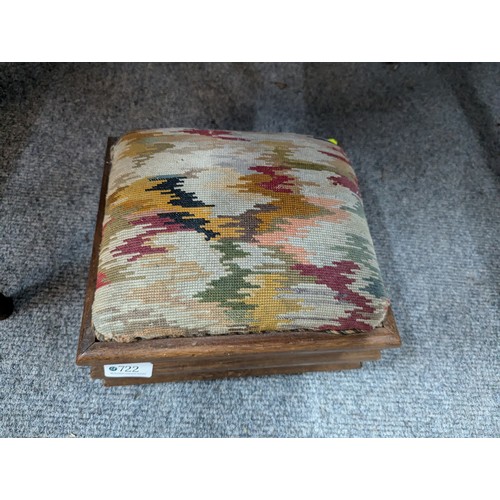 845 - Small tapestry topped footstool with small castors, W26cm D26cm H16cm