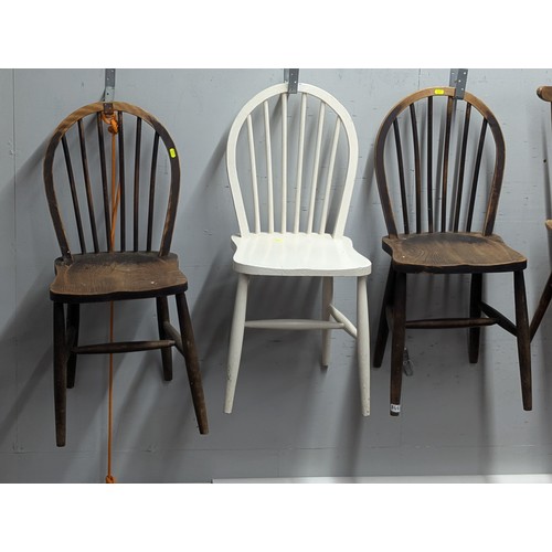 846 - Three elm seated stick back chairs, one painted white