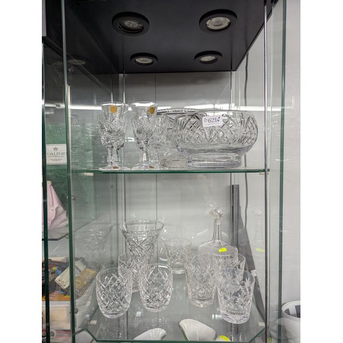 621 - Two shelves of cut glass items, inc. 'Tudor' and 'Echt Bleikristall'