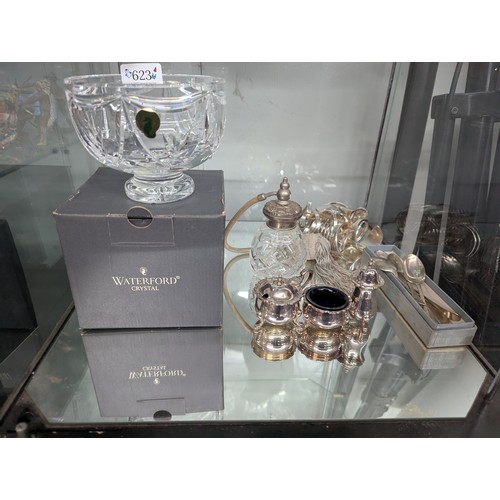 623 - Waterford Crystal footed bowl, boxed, together with a cut glass scent bottle and various silver plat... 