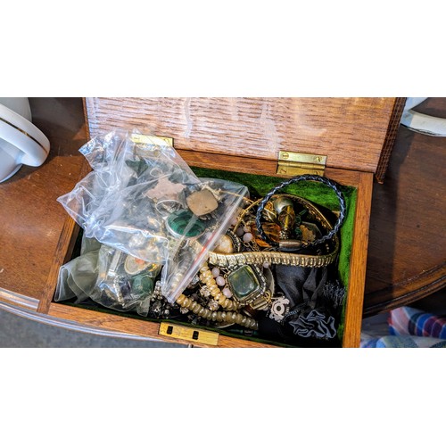 692 - Two boxes of assorted costume jewellery, inc. wooden box carved '1918'; contains some silver, a Geor... 