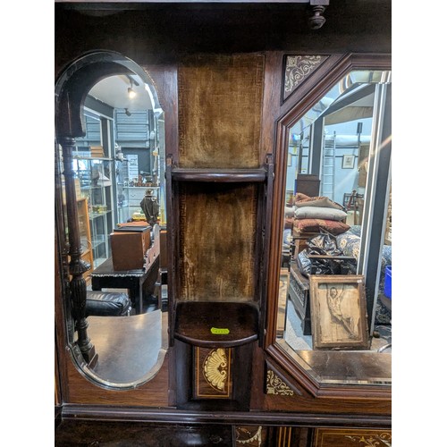 37 - Edwardian inlaid chiffonier with mirrored features and 3 cupboards. W153cm D45cm H195cm (all approx.... 