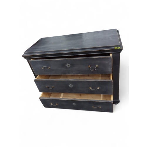 123 - Painted pine 3 drawer chest of drawers 125cm by 58cm by 97cm