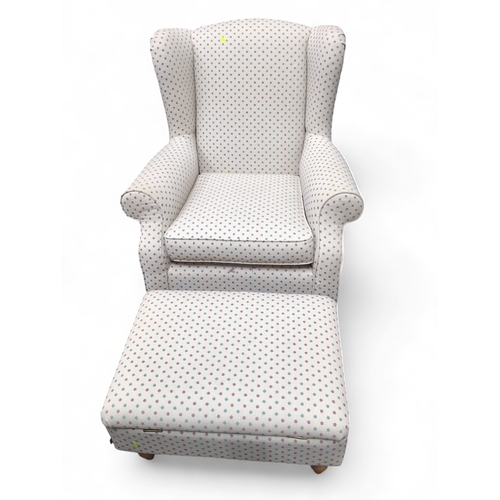 82 - Next fabric upholstered armchair & fliptop storage footstool. Chair: W87cm D70cm H100cm.