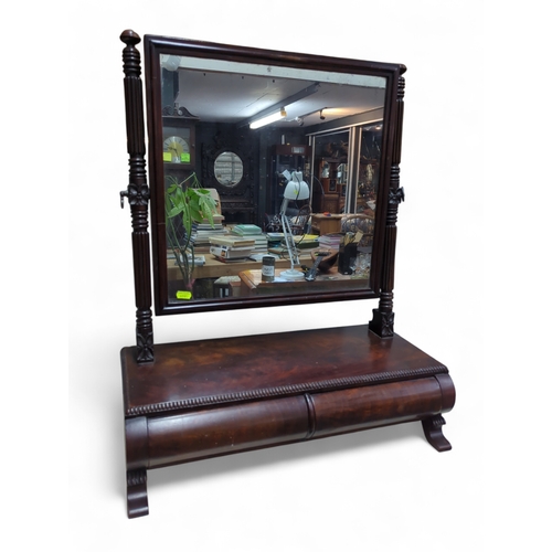 102 - Mahogany dressing table mirror with two drawers 58cm by 27cm by 71cm.