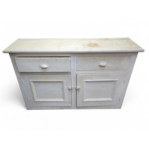 106 - White painted sideboard with 2 drawers and 2 cupboards. W144cm D42cm H93cm.