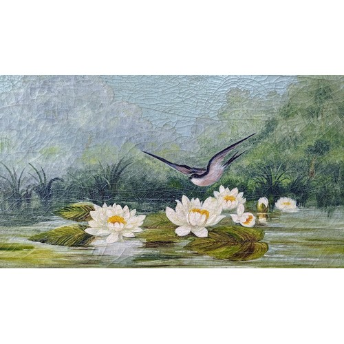 261 - Oil on canvas of a swallow flying over water lilies, unsigned, framed 75 x 45cm. Small losses to fra... 